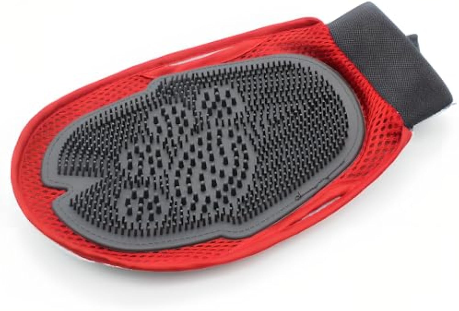 Red pet grooming glove with soft silicone bristle palm