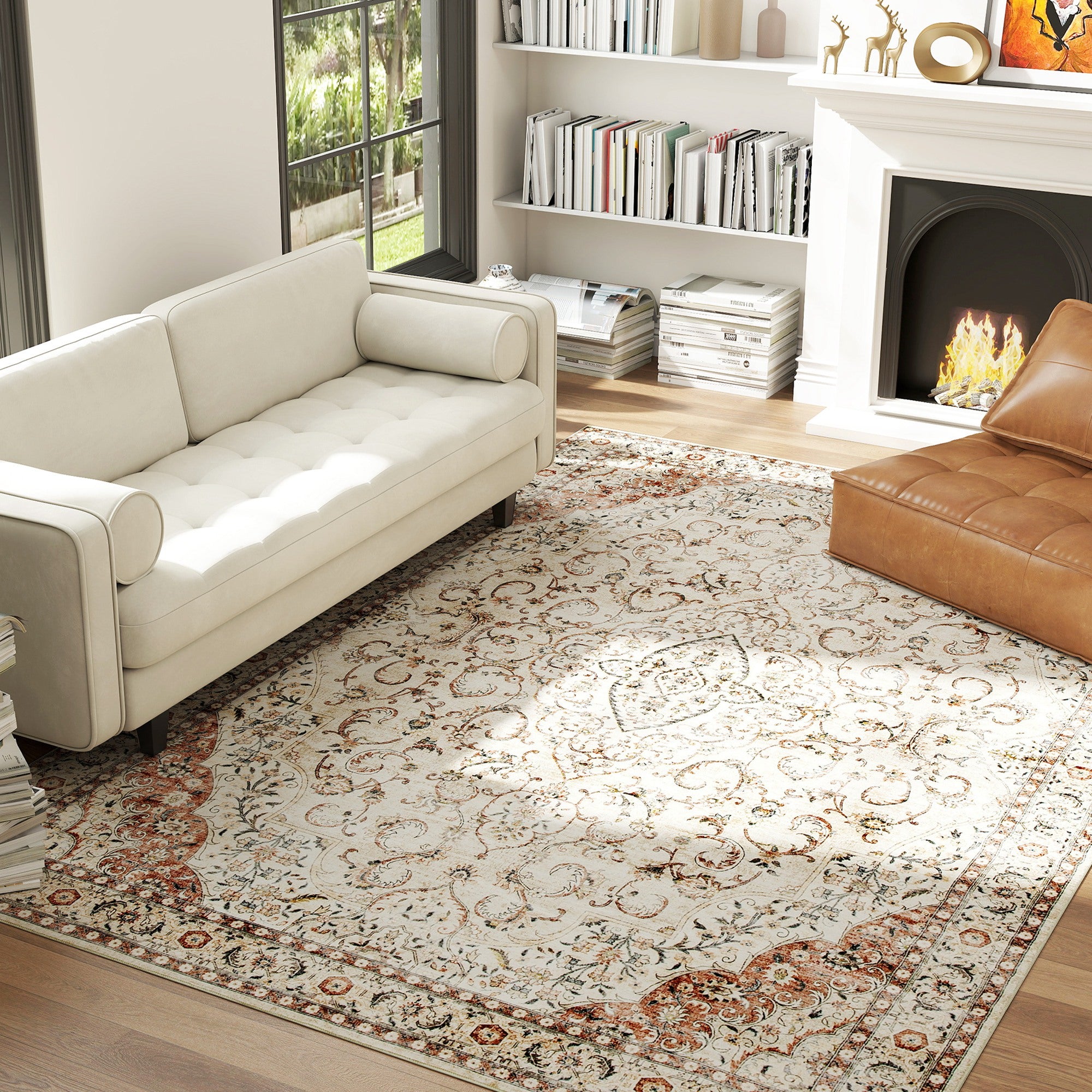 Vintage washable 8x10 area rug under a cream sofa in a living room