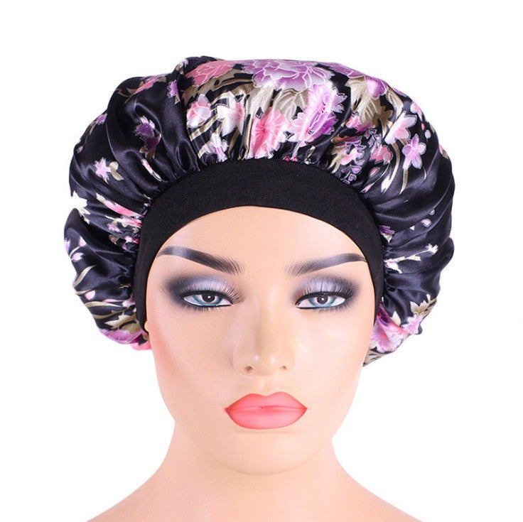 Satin sleep bonnet in black print