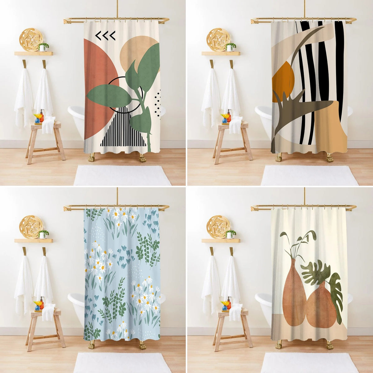 Botanical Shower Curtain — four patterns styled in the bathroom