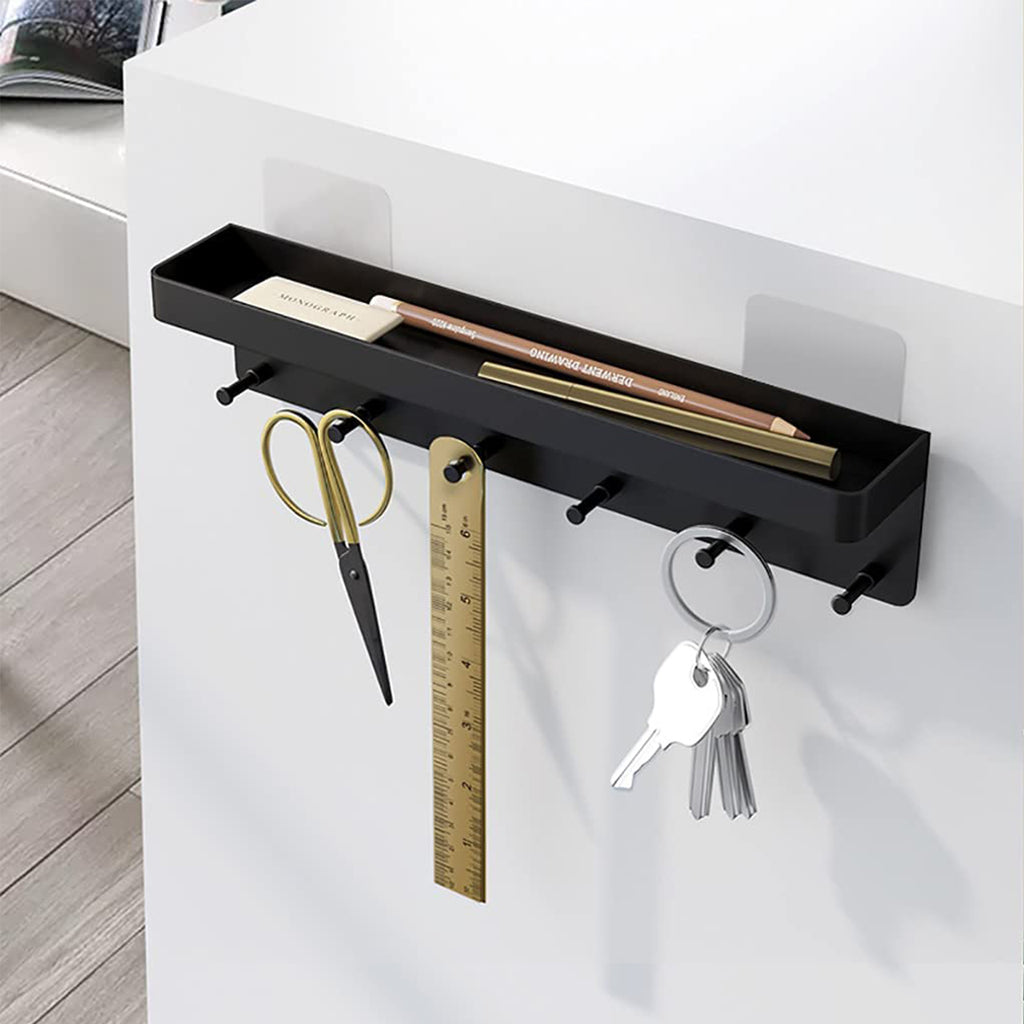 Wall Key Holder with Shelf — angled view with keys on hooks