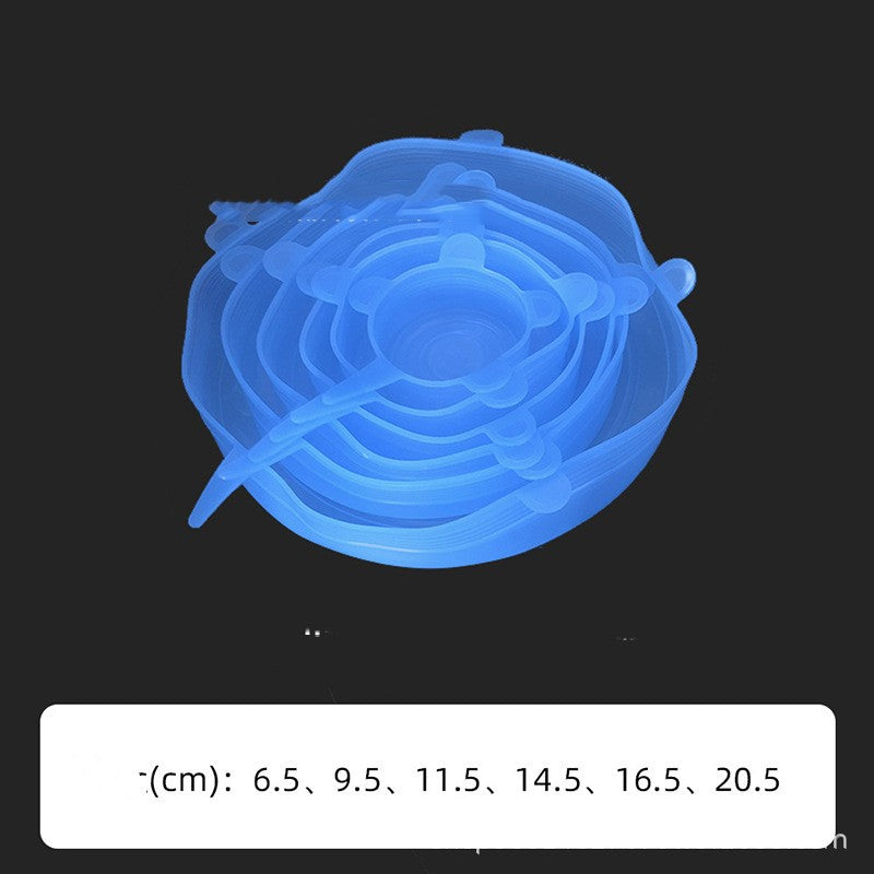 Silicone Stretch Lids — stacked blue lids with the six sizes listed