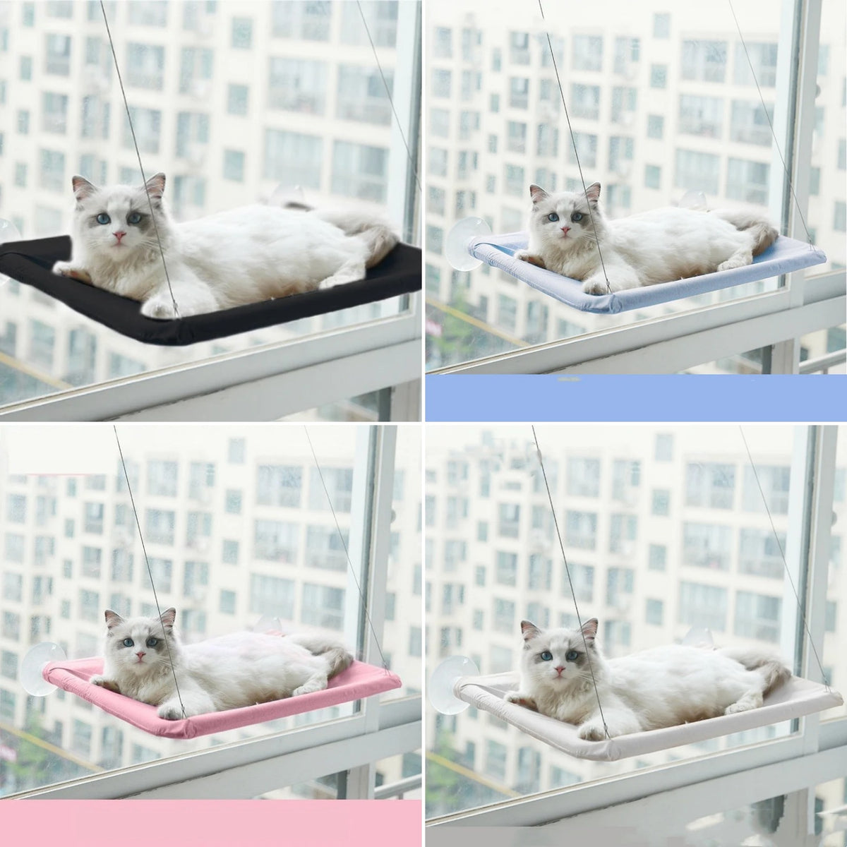 Cat Window Hammock Perch — four colors side by side