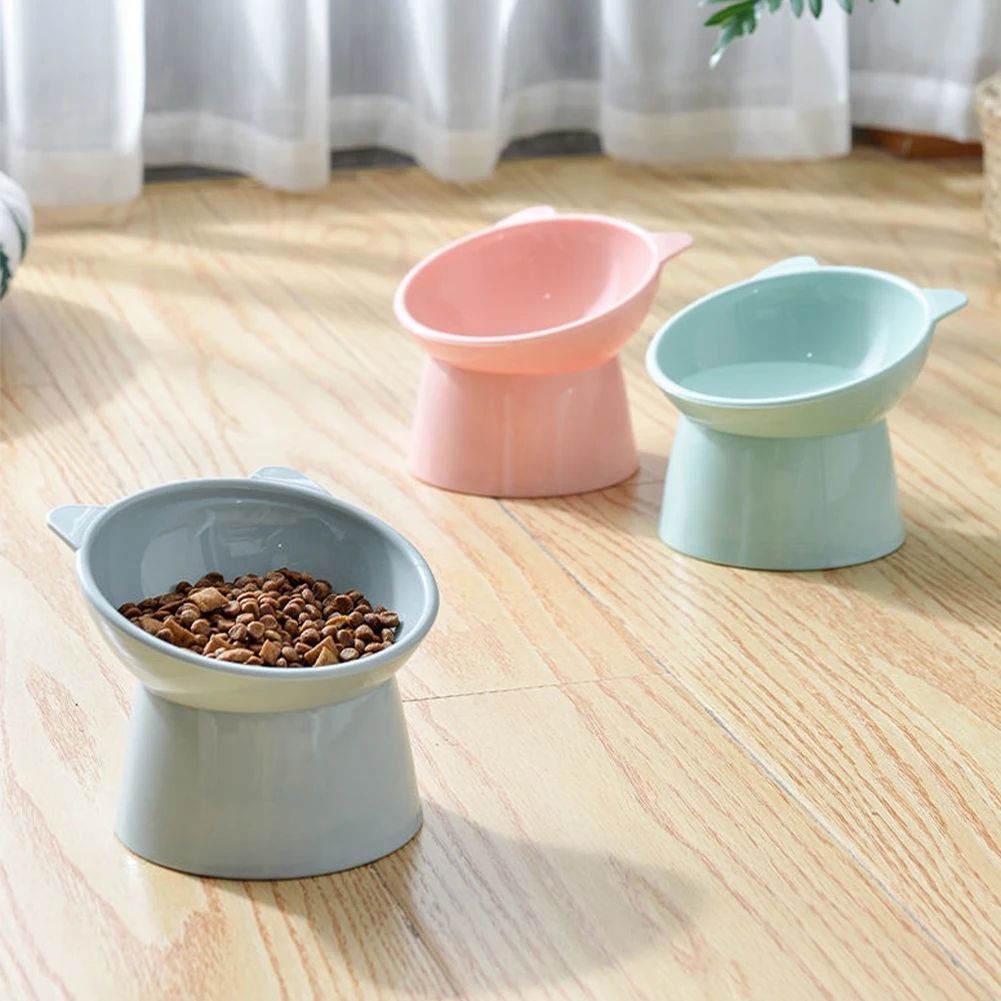 Tilted Cat Food Bowl — blue and pink bowls on wood floor