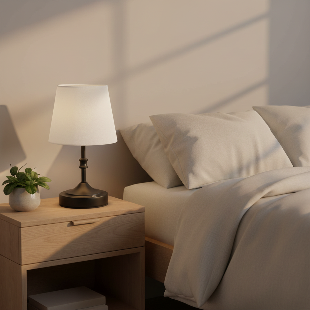 Black cordless table lamp glowing warm on an oak nightstand beside a bed with a small potted plant