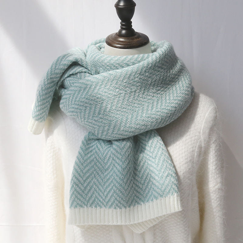 Herringbone Knit Scarf — sky blue scarf styled on a mannequin