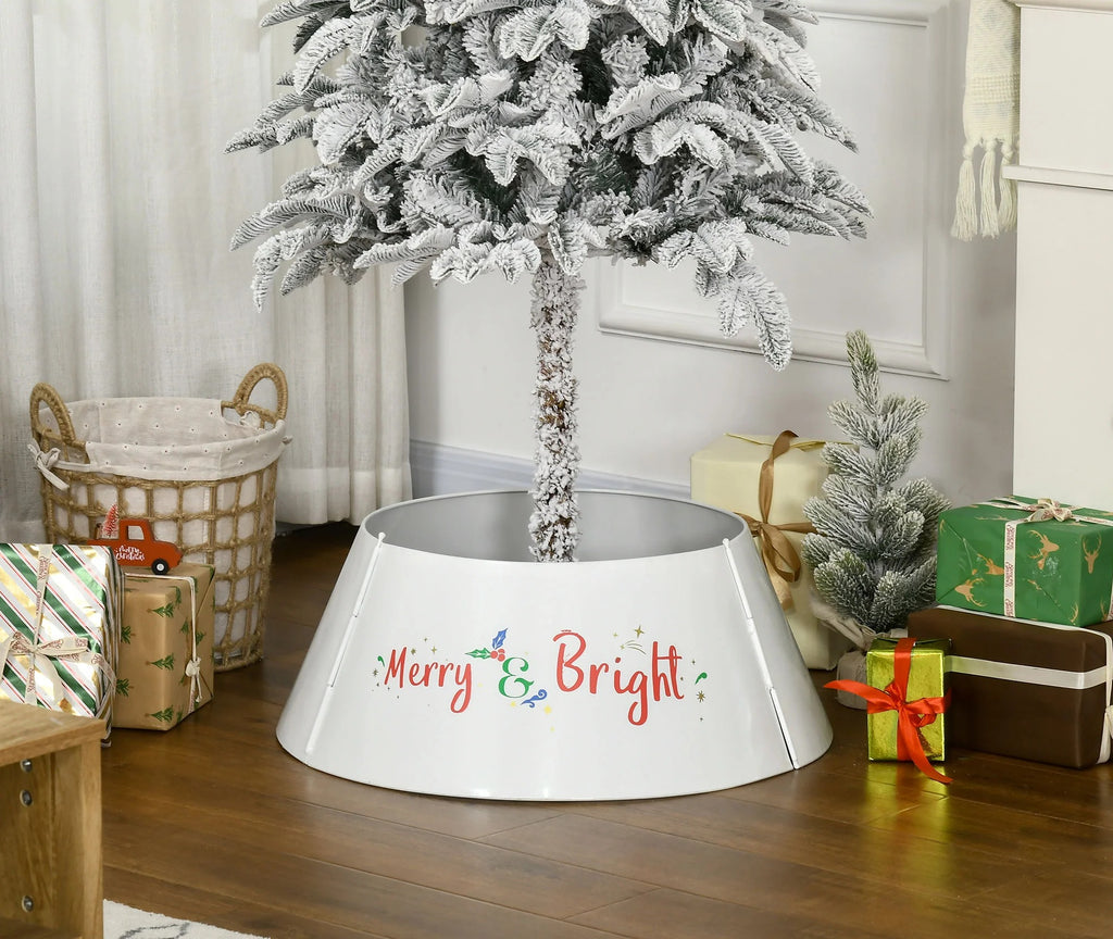 Cream white steel tree collar with Merry and Bright script under a flocked Christmas tree