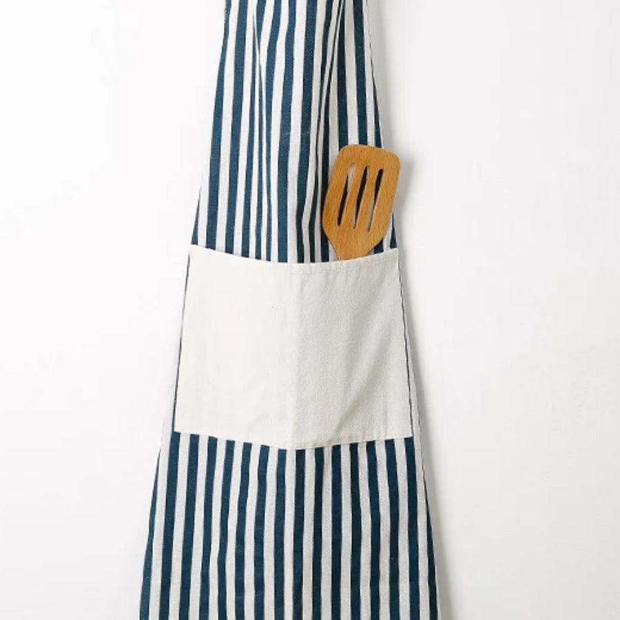 Cotton Linen Apron — striped style pocket detail