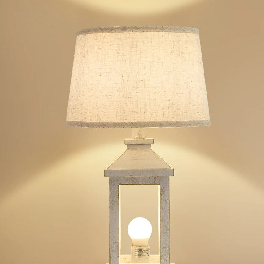 Farmhouse Lamp lit with linen shade detail