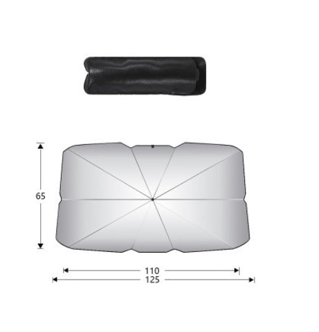 Windshield Sun Shade Umbrella — folded pouch and open shade with dimensions
