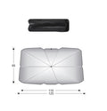 Windshield Sun Shade Umbrella — folded pouch and open shade with dimensions