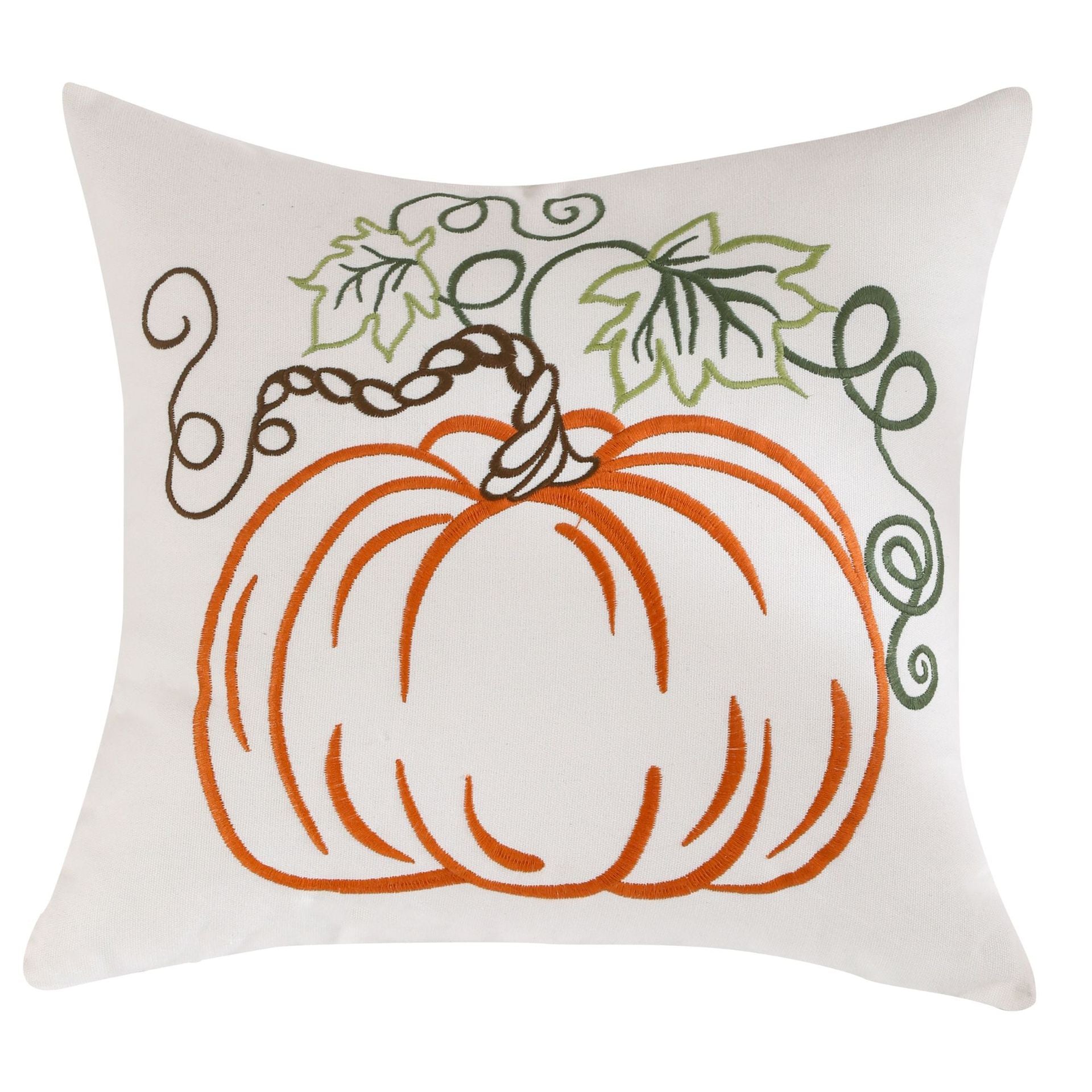 Pumpkin pillow cover with trailing vine embroidery