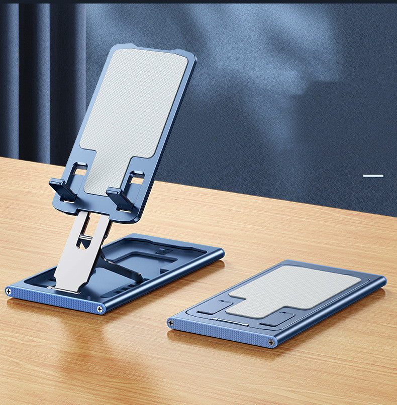 Blue folding aluminum phone stand holding a phone upright