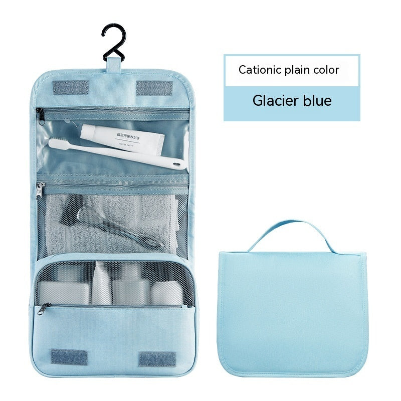 Glacier blue hanging toiletry bag shown open and closed
