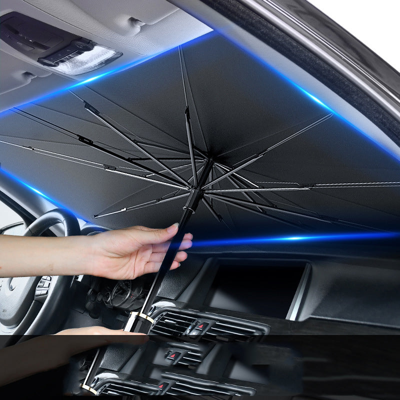 Windshield Sun Shade Umbrella — shade opened inside a car windshield