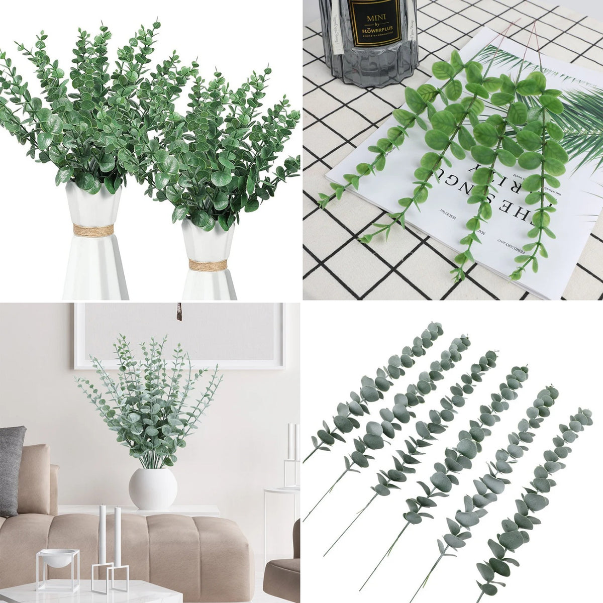 Artificial Eucalyptus Stems — styles shown as stems, bunch, and vase