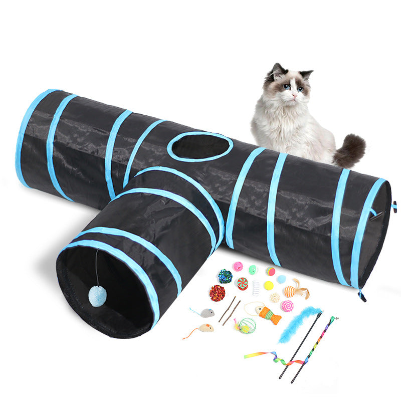 Black cat tunnel with included teaser toys and balls