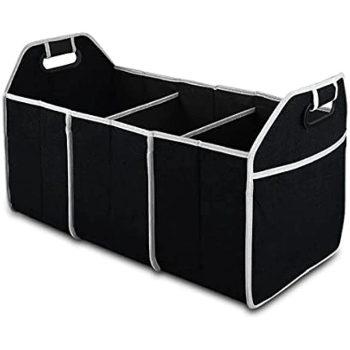 Black folding trunk organizer with three compartments on white background