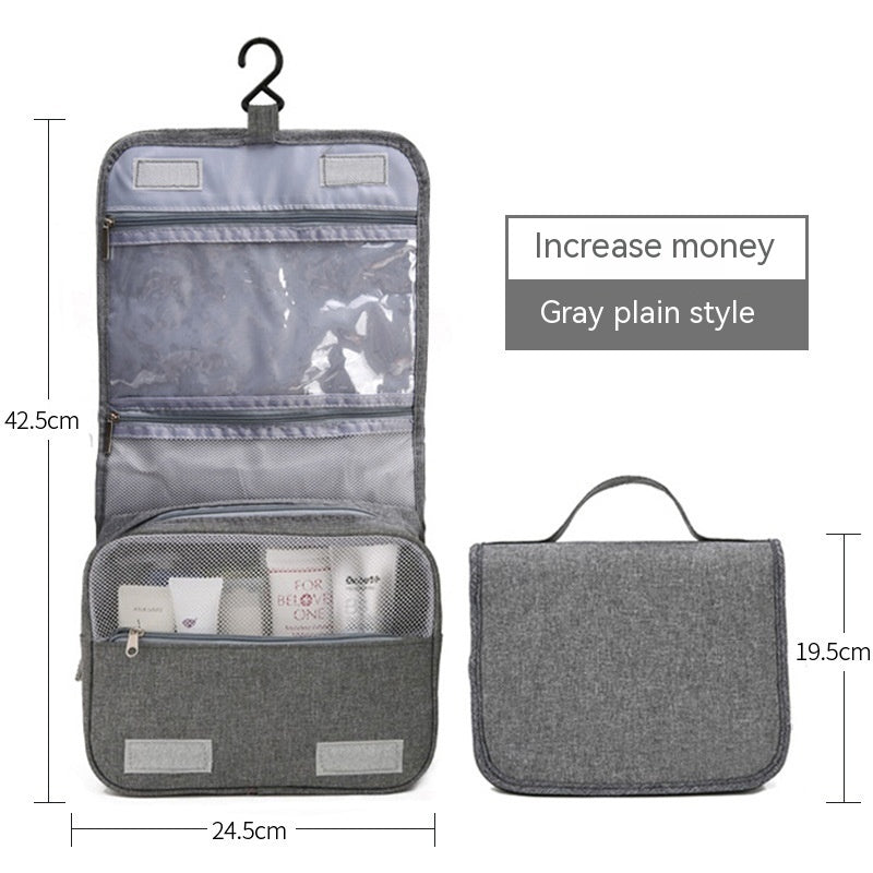 Gray large hanging toiletry bag laid open with measurements