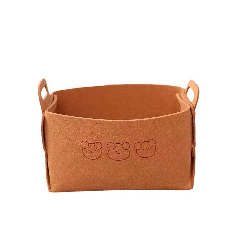Felt Desk Organizer — caramel felt basket with bear embroidery