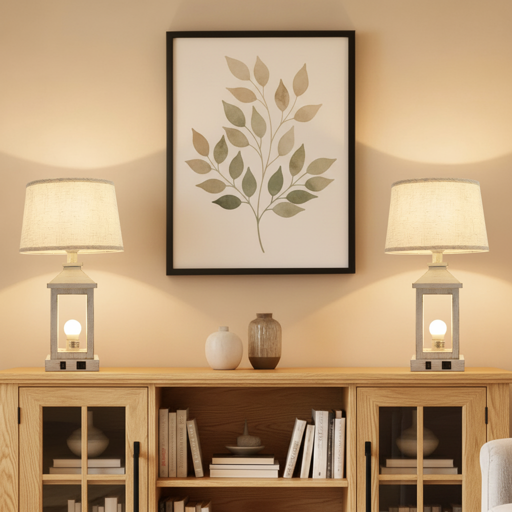 Farmhouse lantern lamp set of two glowing warm on an oak sideboard flanking a framed botanical print