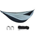 Camping hammock in black and gray with carabiners and ropes