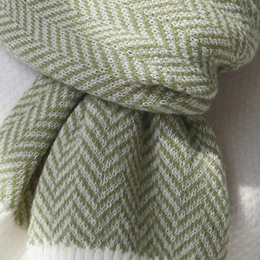 Herringbone Knit Scarf — sage colorway drape detail