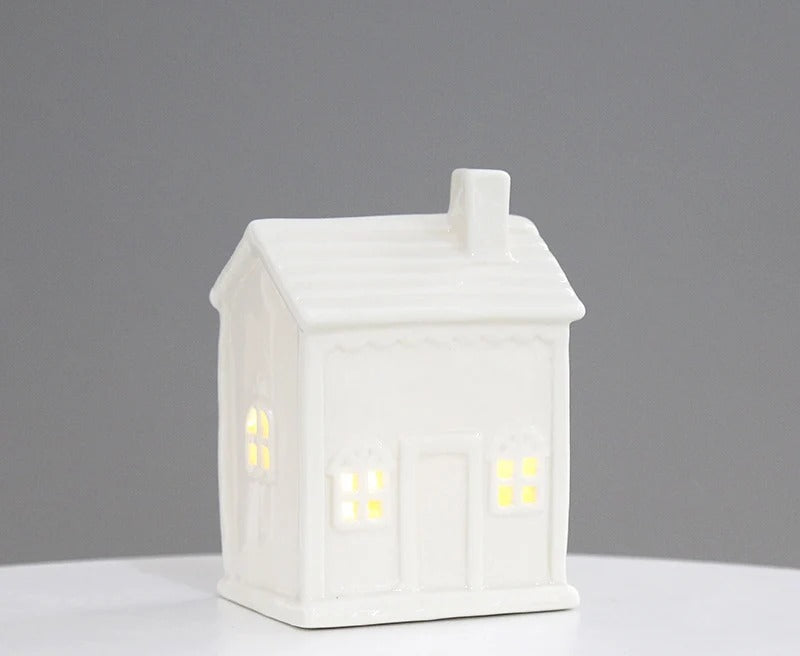 White ceramic farmhouse tea light holder with side chimney