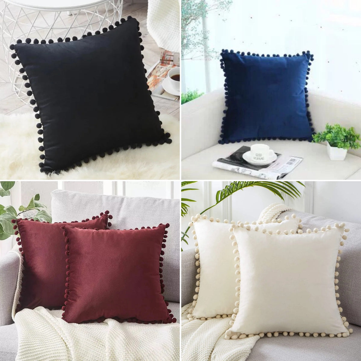 Pom Pom Velvet Pillow Cover — four colors side by side