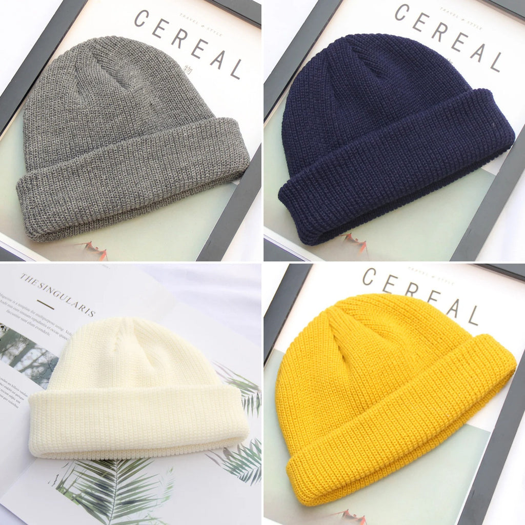 Ribbed Knit Beanie — four colors: dark grey, navy, white, and yellow