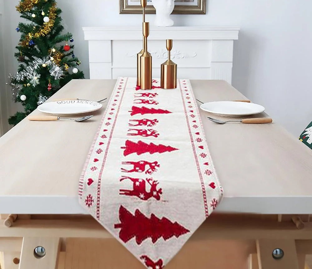Embroidered Linen Christmas Table Runner — Christmas tree design on a set table