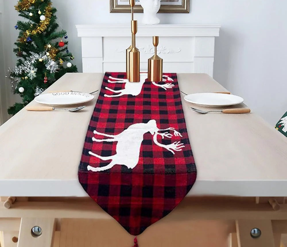 Embroidered Linen Christmas Table Runner — elk plaid design on a set table