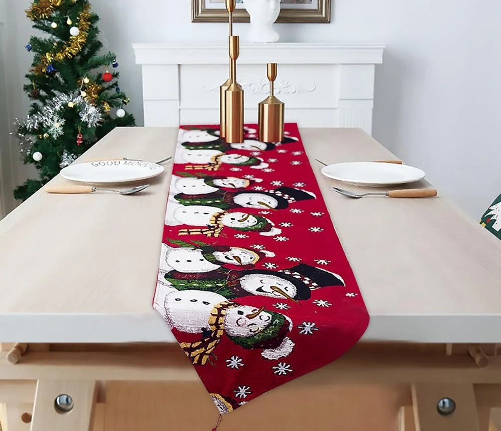 Embroidered Linen Christmas Table Runner — snowman design on a holiday table