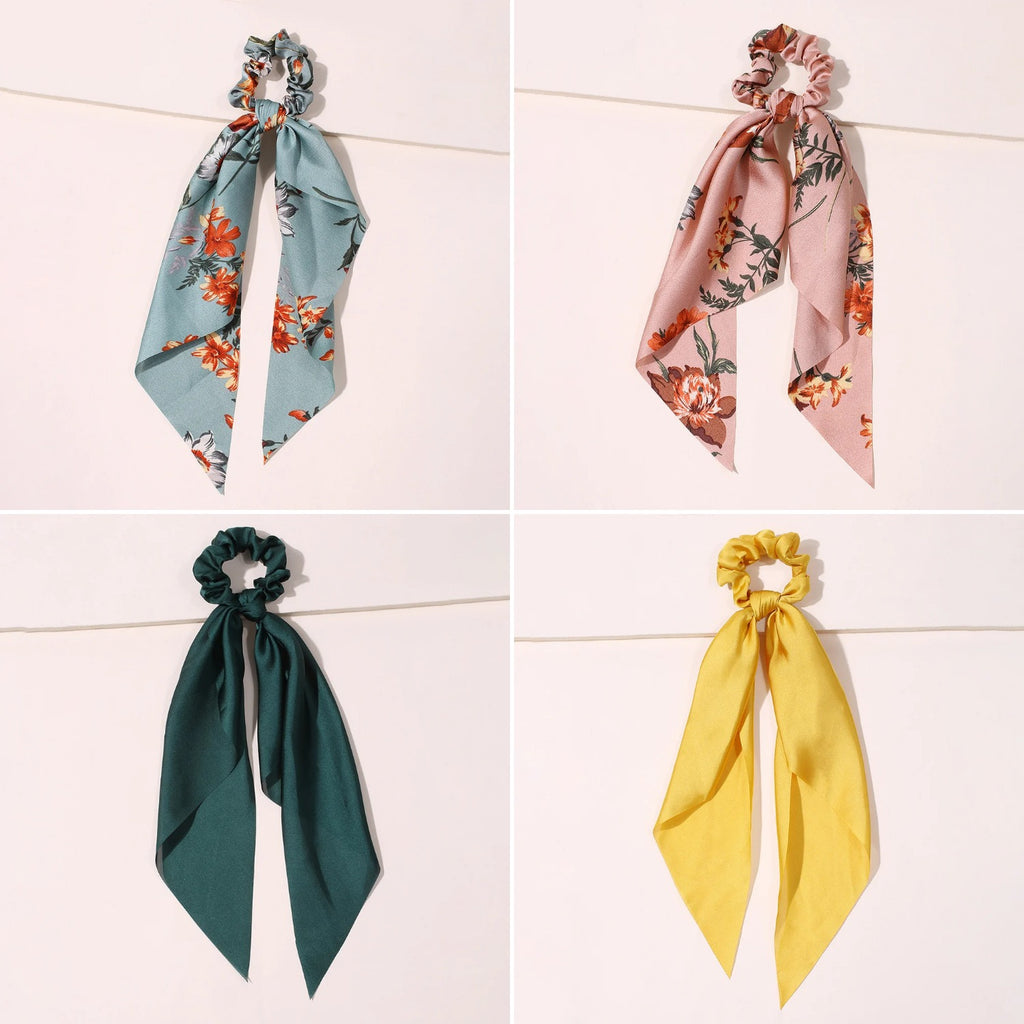 Satin Scrunchie Scarf — four colorways side by side
