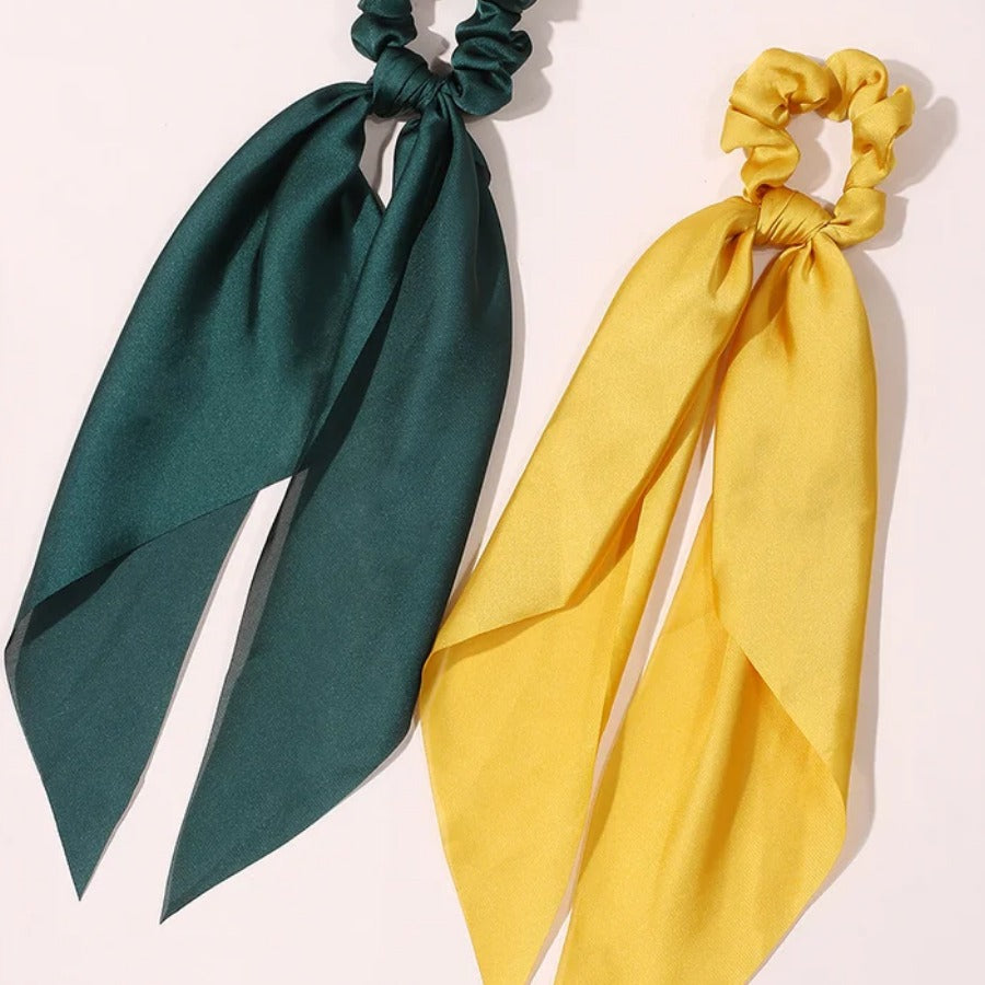 Satin Scrunchie Scarf — satin ribbon tails detail