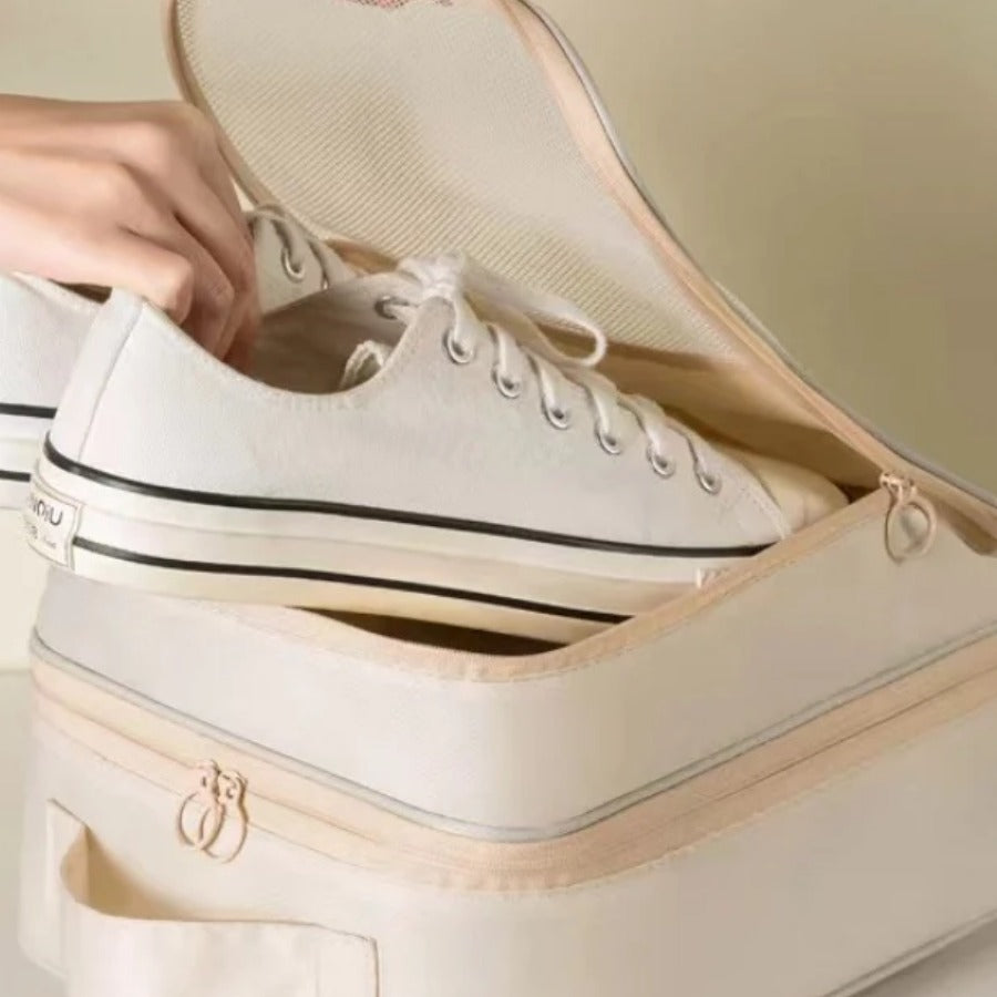 3 Layer Travel Shoe Bag — sneaker going into the top layer