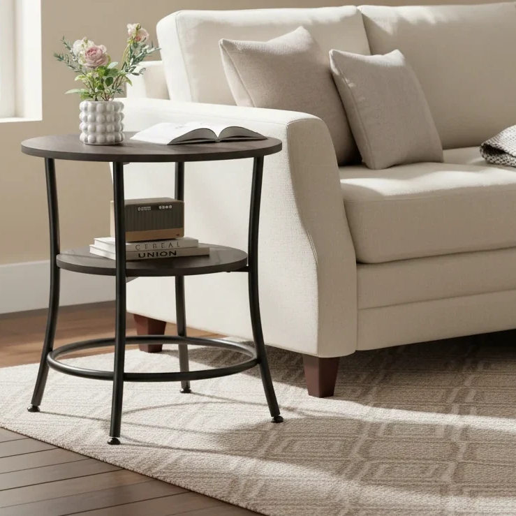 2-tier round side table styled with flowers and a book beside a cream sofa in a bright living room