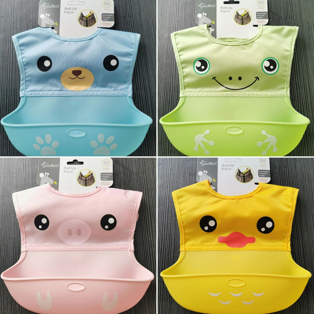 Silicone Baby Bib — four colors: blue, green, pink, and yellow