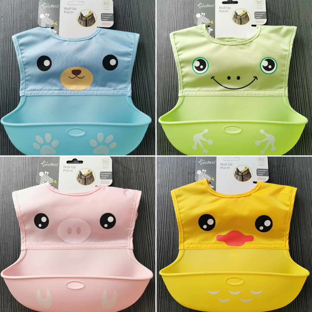 Silicone Baby Bib — four colors: blue, green, pink, and yellow