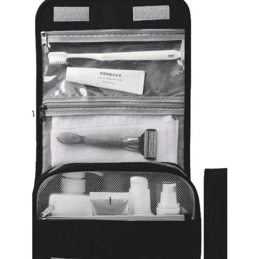 Hanging Toiletry Bag — black bag open with pockets