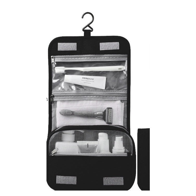 Hanging toiletry bag in black, open