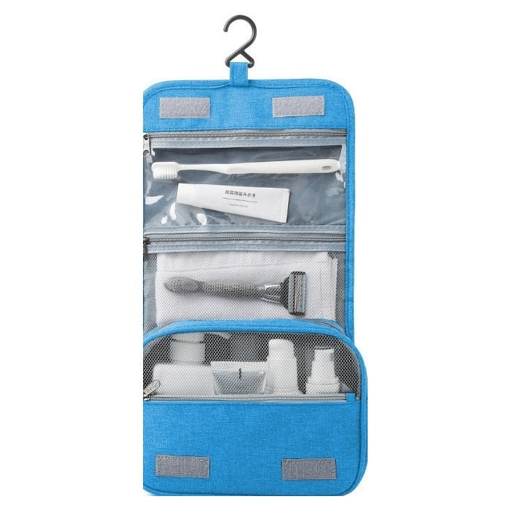 Hanging toiletry bag in blue, open