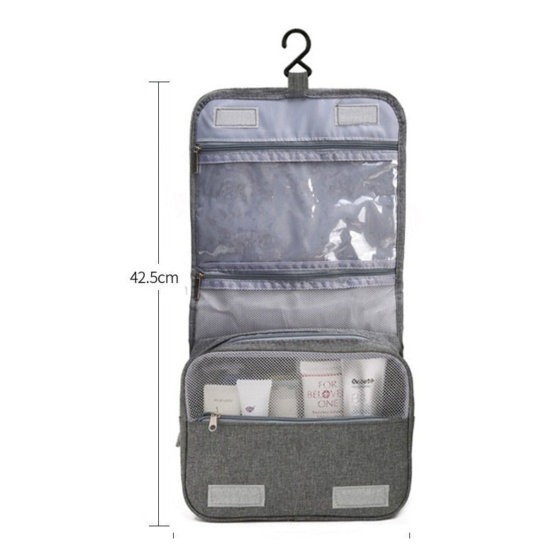 Hanging toiletry bag in gray, open