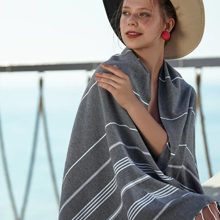 Turkish Beach Towel — worn as a wrap showing the stripe weave